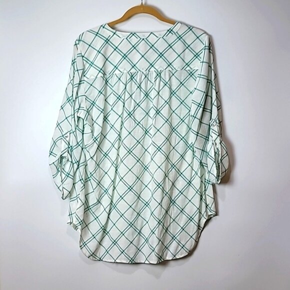 Kim Rogers Green & White Plaid Button-Front Blouse With 3/4 Sleeves - Picture 15 of 15